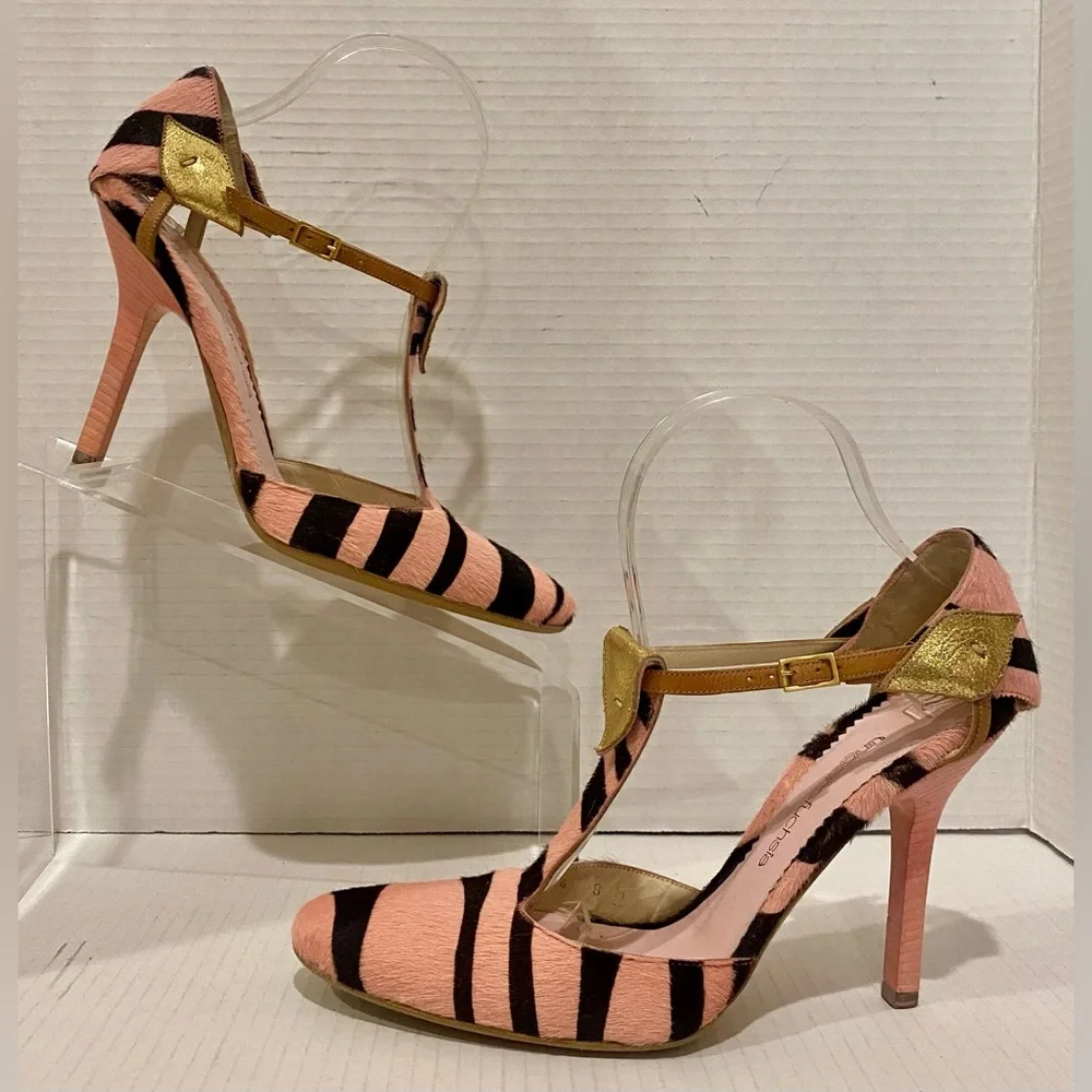 Ungaro Fuchsia Pink & Black Zebra Stripe Calf Hair Leather T-Strap Heels Italy - Picture 2 of 8
